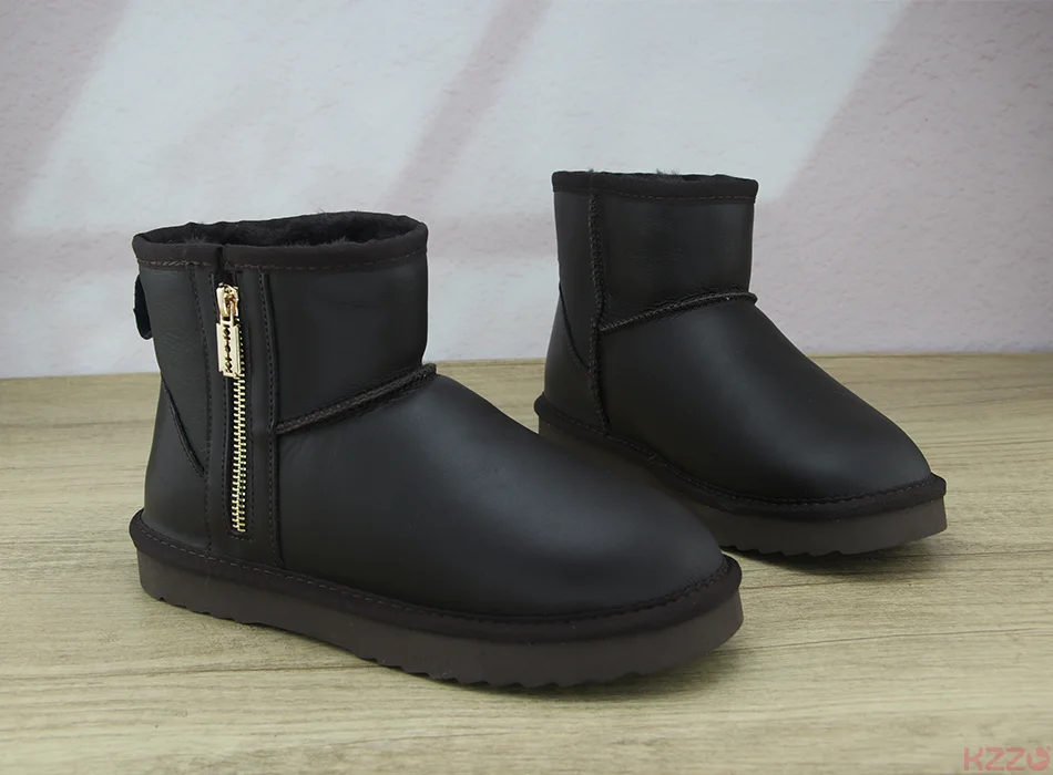 KZZO Australia Classic Sheepskin Snow Boots With Zipper Women Winter Short Waterproof Leather Natural Wool Lined Ankle Warm Shoe