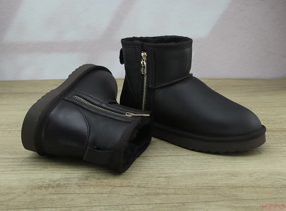KZZO Australia Classic Sheepskin Snow Boots With Zipper Women Winter Short Waterproof Leather Natural Wool Lined Ankle Warm Shoe