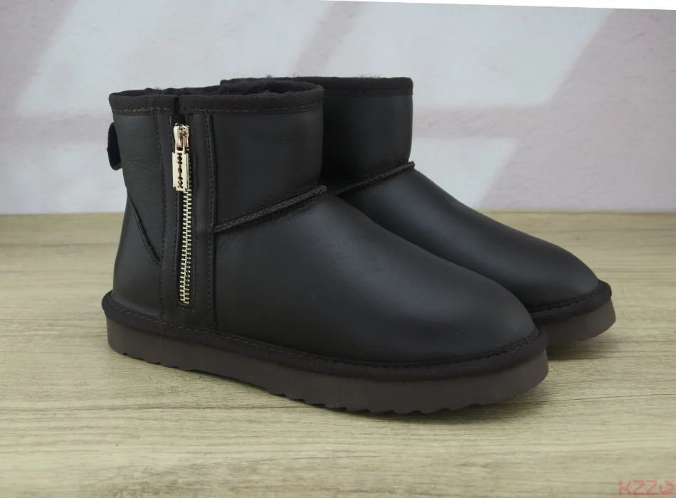 KZZO Australia Classic Sheepskin Snow Boots With Zipper Women Winter Short Waterproof Leather Natural Wool Lined Ankle Warm Shoe
