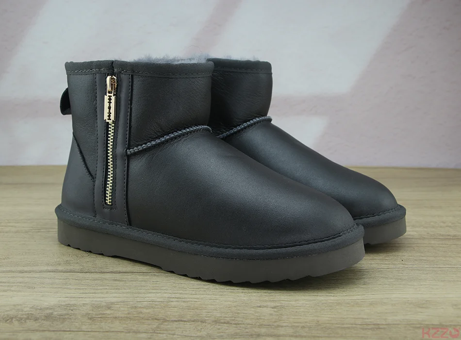 KZZO Australia Classic Sheepskin Snow Boots With Zipper Women Winter Short Waterproof Leather Natural Wool Lined Ankle Warm Shoe