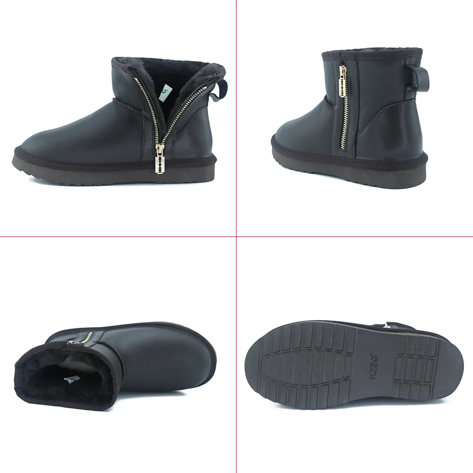 KZZO Australia Classic Sheepskin Snow Boots With Zipper Women Winter Short Waterproof Leather Natural Wool Lined Ankle Warm Shoe