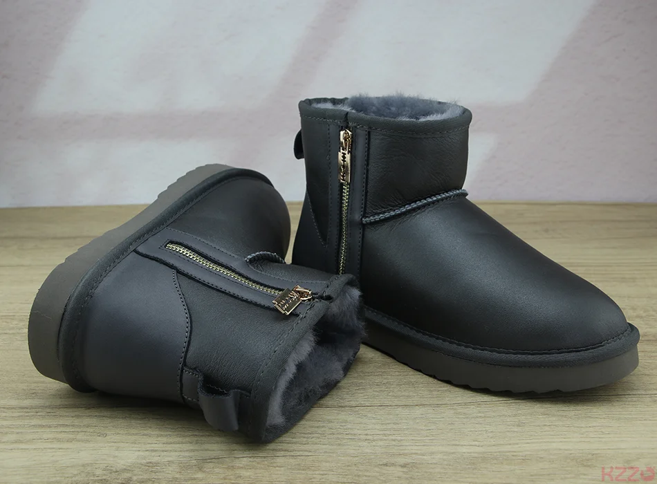 KZZO Australia Classic Sheepskin Snow Boots With Zipper Women Winter Short Waterproof Leather Natural Wool Lined Ankle Warm Shoe