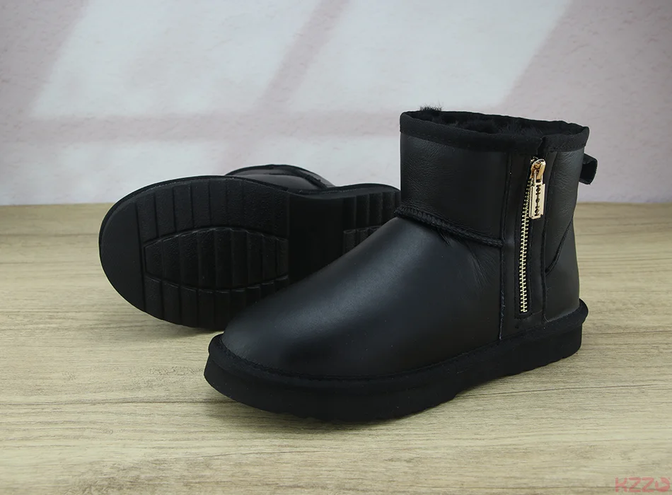 KZZO Australia Classic Sheepskin Snow Boots With Zipper Women Winter Short Waterproof Leather Natural Wool Lined Ankle Warm Shoe