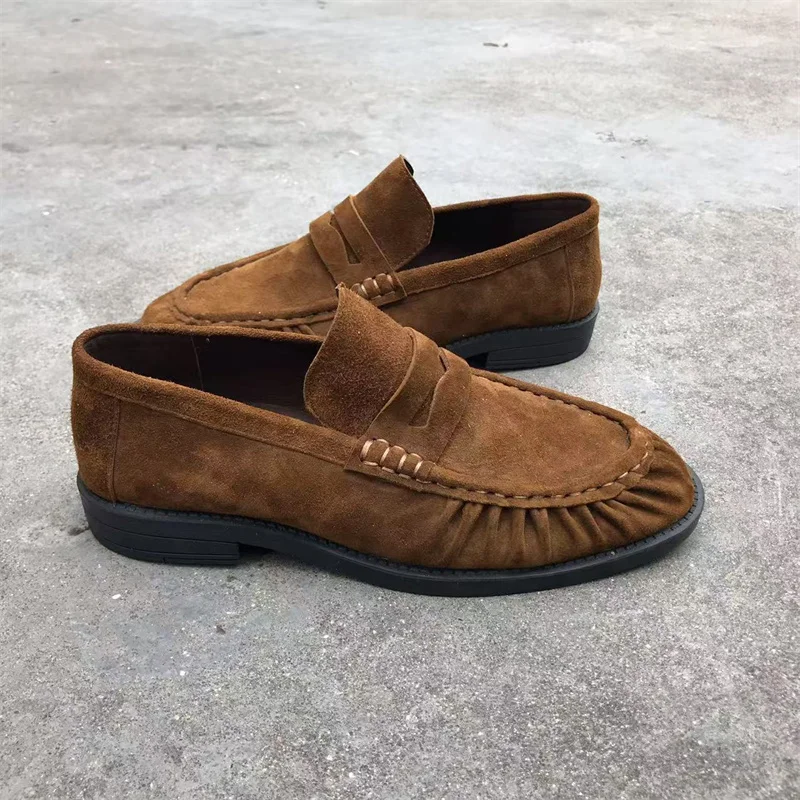 Brand New Retro Flat Shoes, Made of Pure Handmade Calf Leather, Suede Leather, Women's Loafers with Rubber Soles, One Step at a