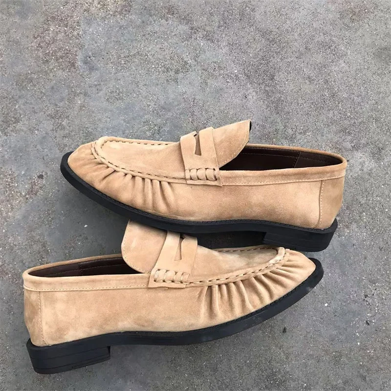 Brand New Retro Flat Shoes, Made of Pure Handmade Calf Leather, Suede Leather, Women's Loafers with Rubber Soles, One Step at a