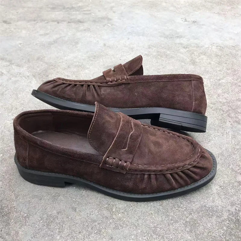 Brand New Retro Flat Shoes, Made of Pure Handmade Calf Leather, Suede Leather, Women's Loafers with Rubber Soles, One Step at a