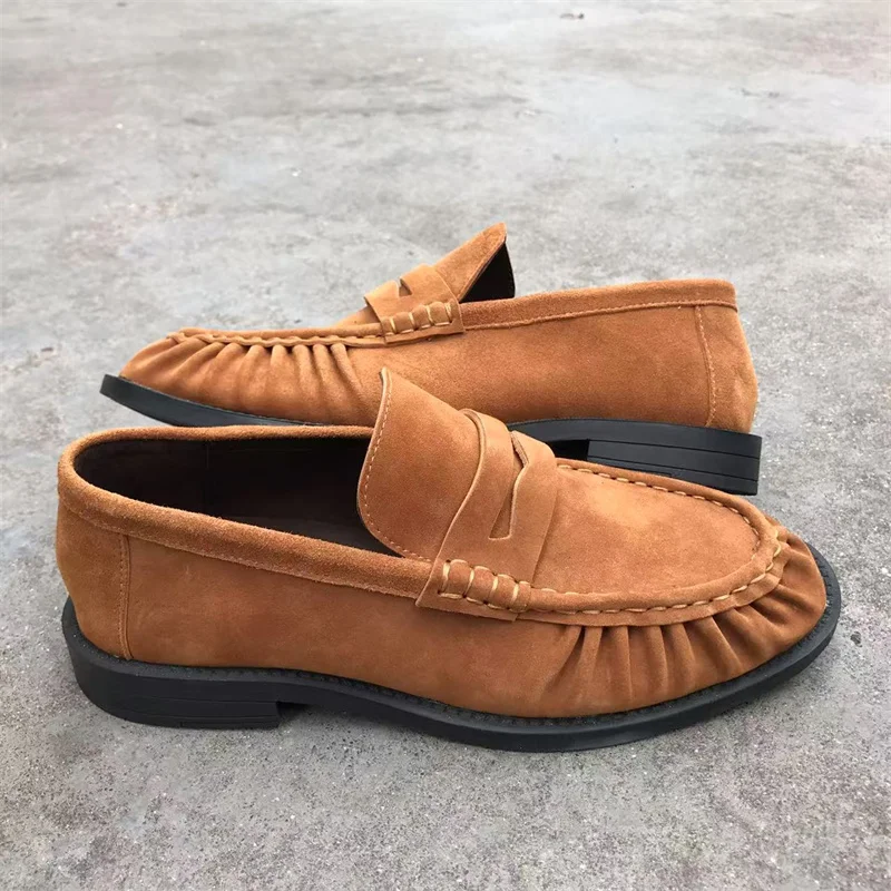 Brand New Retro Flat Shoes, Made of Pure Handmade Calf Leather, Suede Leather, Women's Loafers with Rubber Soles, One Step at a