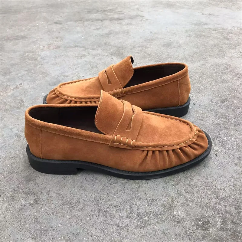 Brand New Retro Flat Shoes, Made of Pure Handmade Calf Leather, Suede Leather, Women's Loafers with Rubber Soles, One Step at a