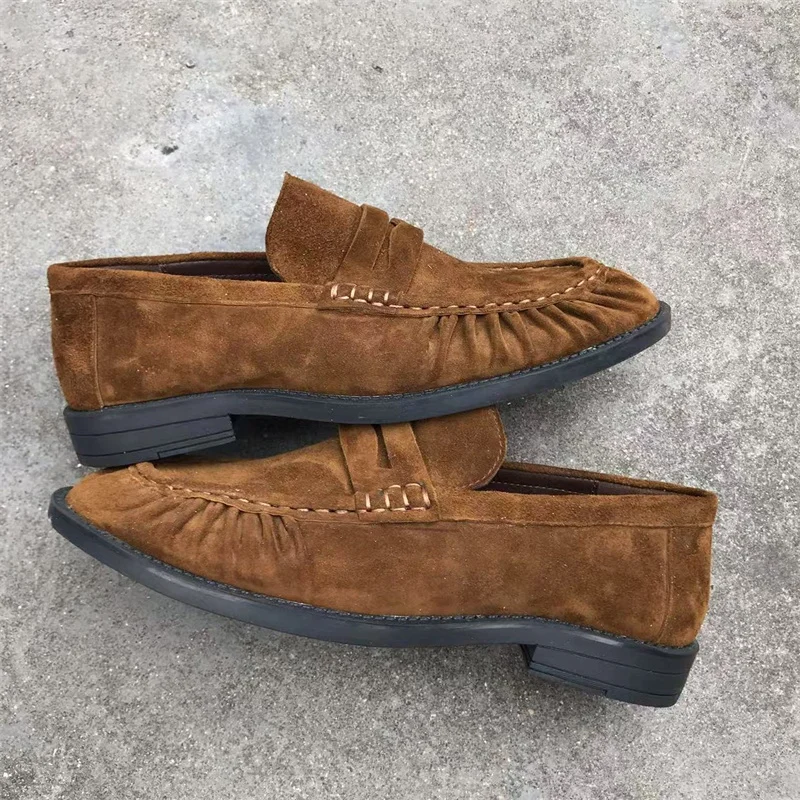 Brand New Retro Flat Shoes, Made of Pure Handmade Calf Leather, Suede Leather, Women's Loafers with Rubber Soles, One Step at a
