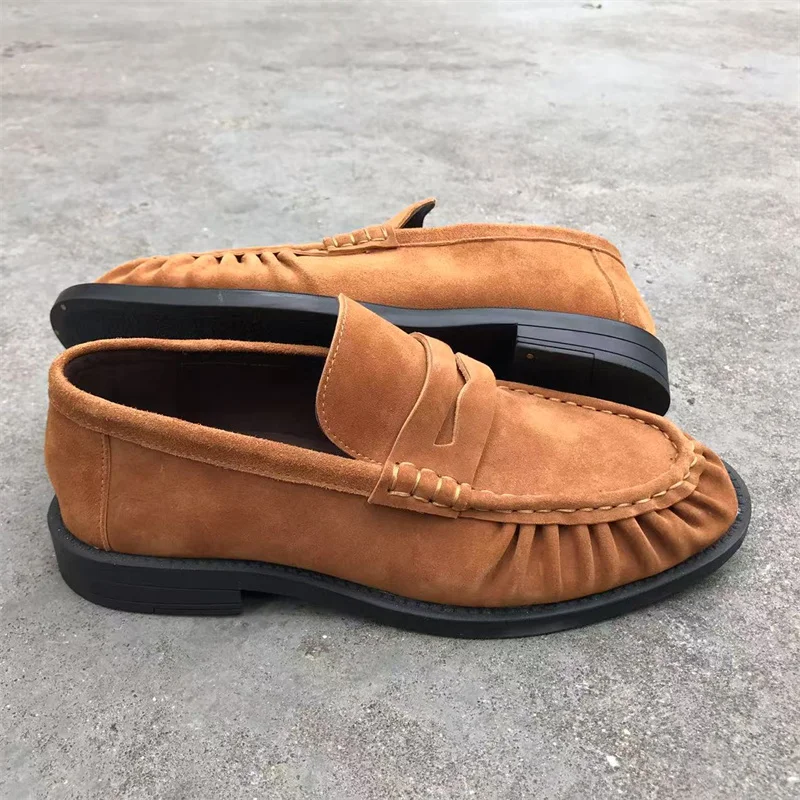 Brand New Retro Flat Shoes, Made of Pure Handmade Calf Leather, Suede Leather, Women's Loafers with Rubber Soles, One Step at a