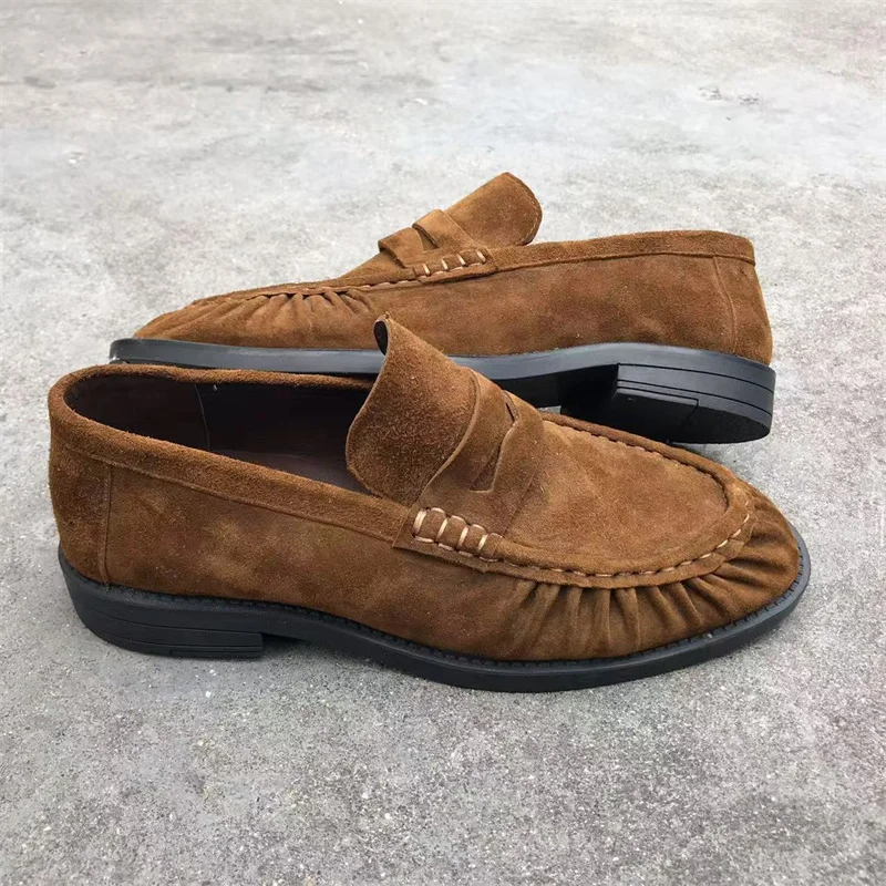 Brand New Retro Flat Shoes, Made of Pure Handmade Calf Leather, Suede Leather, Women's Loafers with Rubber Soles, One Step at a