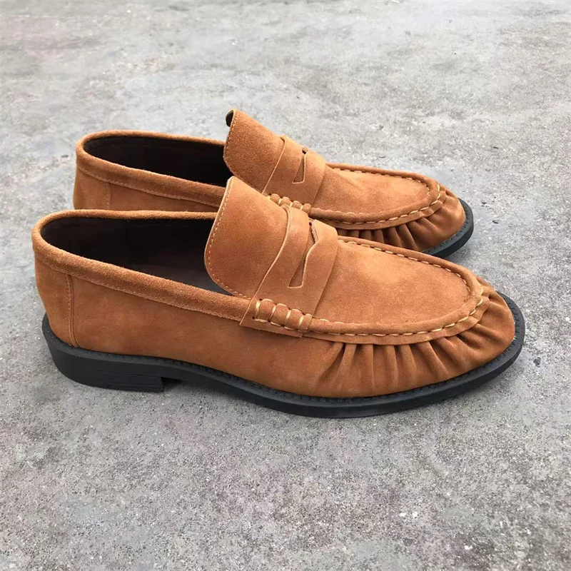 Brand New Retro Flat Shoes, Made of Pure Handmade Calf Leather, Suede Leather, Women's Loafers with Rubber Soles, One Step at a
