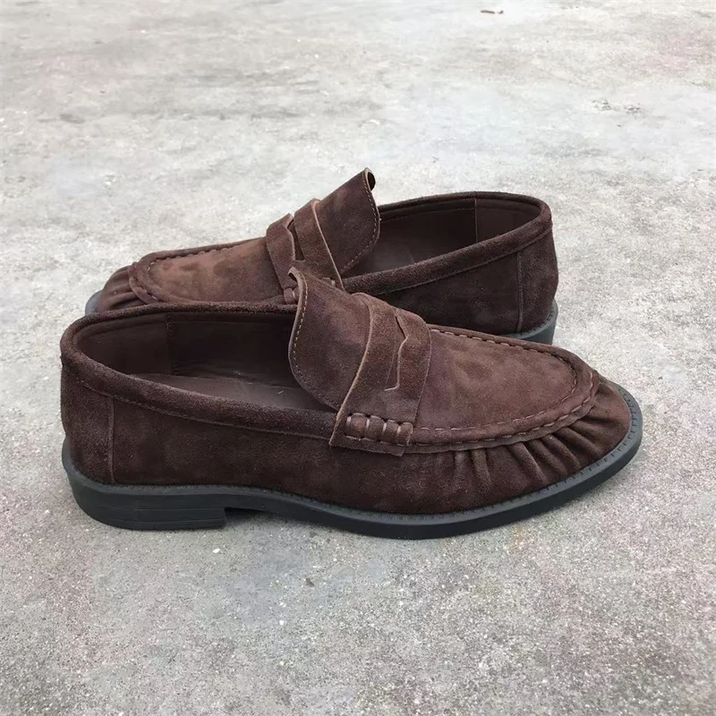 Brand New Retro Flat Shoes, Made of Pure Handmade Calf Leather, Suede Leather, Women's Loafers with Rubber Soles, One Step at a
