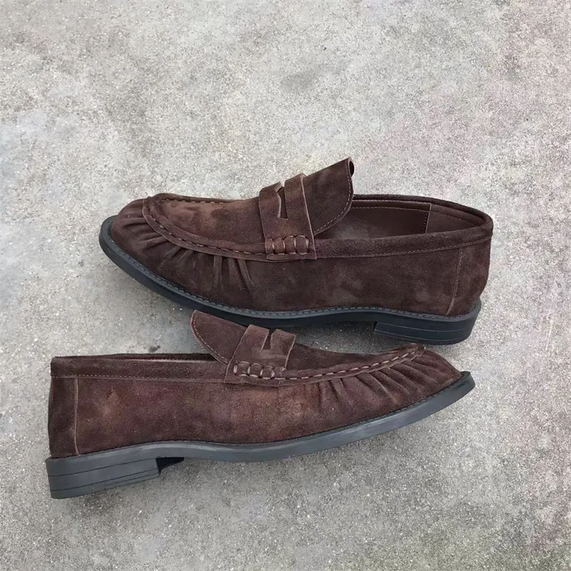 Brand New Retro Flat Shoes, Made of Pure Handmade Calf Leather, Suede Leather, Women's Loafers with Rubber Soles, One Step at a