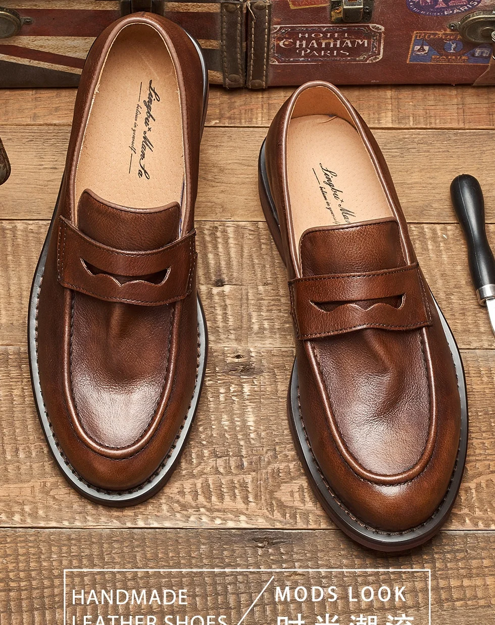 British Penny Loafers Top Layer Cowhide Bean Shoes Handmade Men's Loafers Casual Leather Shoes
