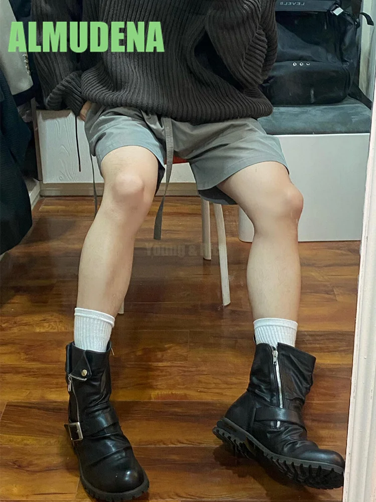 Slant Zipper Pleated Motorcycle Boots Fashionable Trendy for Both Men and Women Side Zipper Western Style Leather Short Boots
