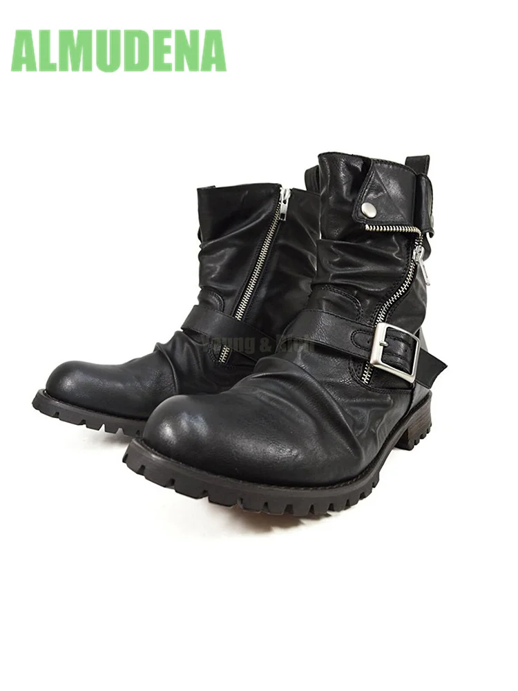Slant Zipper Pleated Motorcycle Boots Fashionable Trendy for Both Men and Women Side Zipper Western Style Leather Short Boots