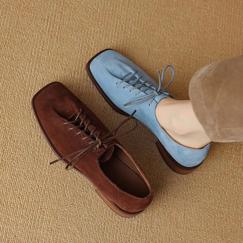 DIMANYU Women's Shoes Real Leather 2026 Spring New Lace-up Single Shoes Female Thick Heels Plus Size Women's Oxford Shoes