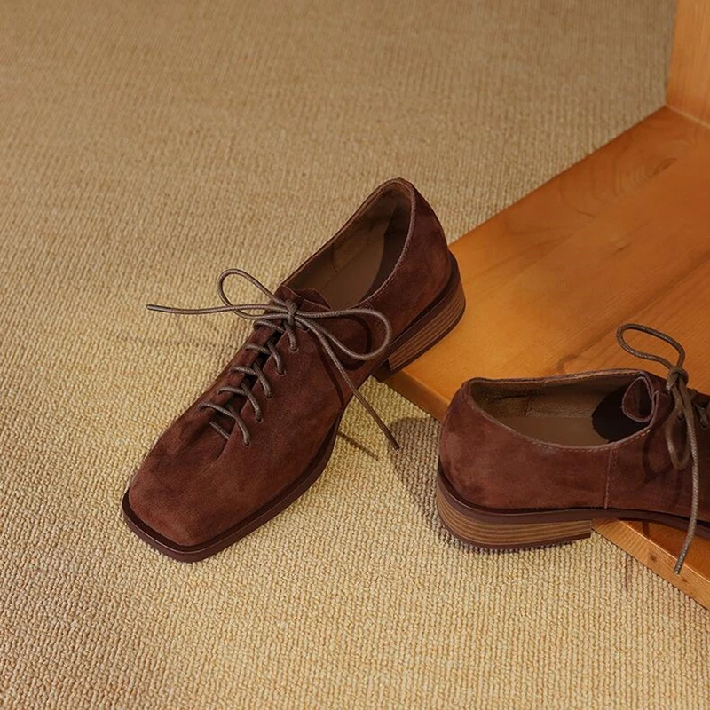 DIMANYU Women's Shoes Real Leather 2026 Spring New Lace-up Single Shoes Female Thick Heels Plus Size Women's Oxford Shoes