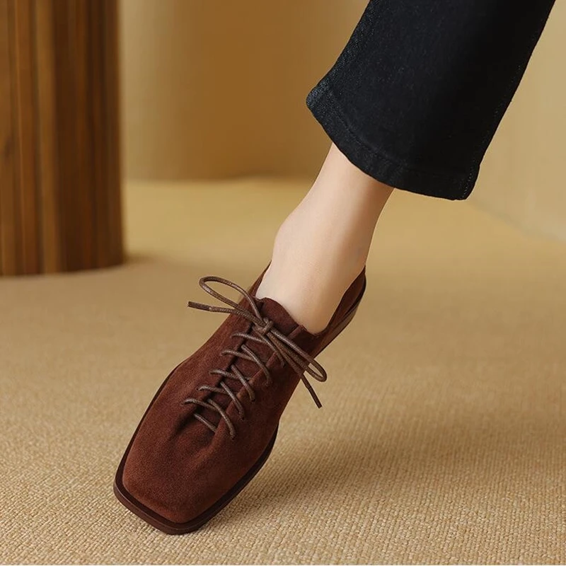 DIMANYU Women's Shoes Real Leather 2026 Spring New Lace-up Single Shoes Female Thick Heels Plus Size Women's Oxford Shoes