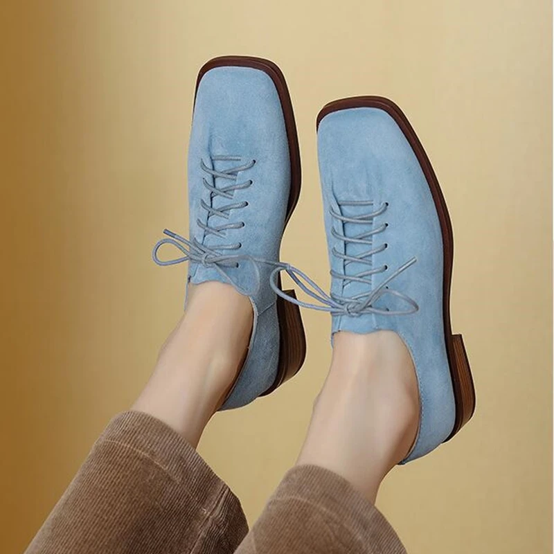DIMANYU Women's Shoes Real Leather 2026 Spring New Lace-up Single Shoes Female Thick Heels Plus Size Women's Oxford Shoes