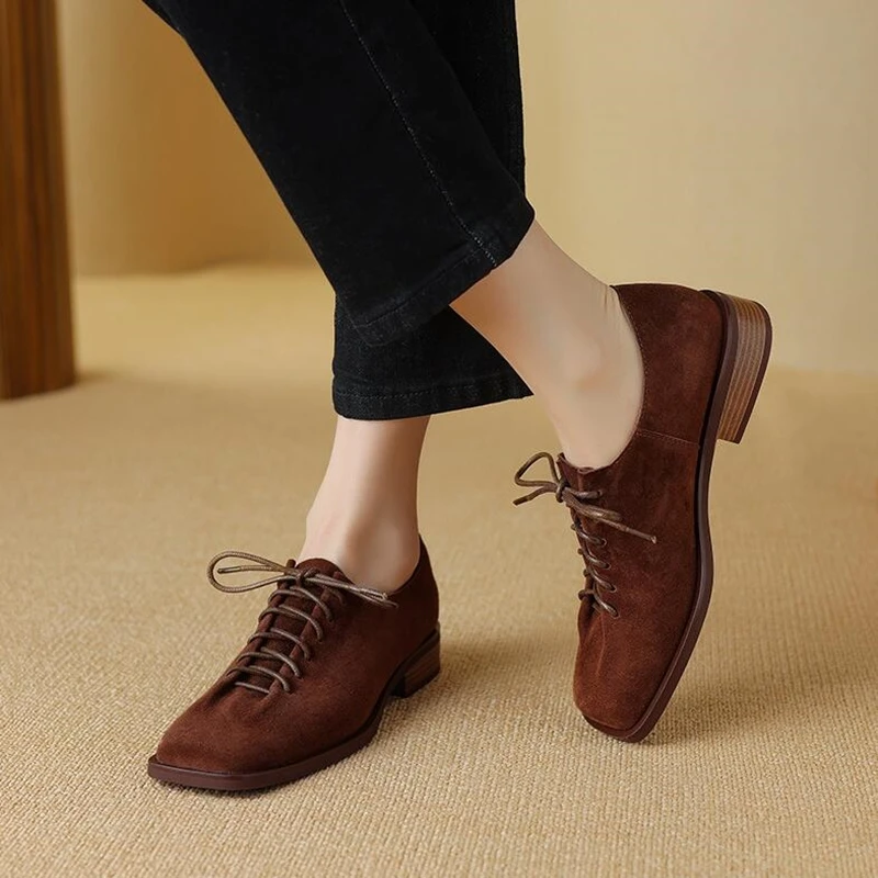 DIMANYU Women's Shoes Real Leather 2026 Spring New Lace-up Single Shoes Female Thick Heels Plus Size Women's Oxford Shoes