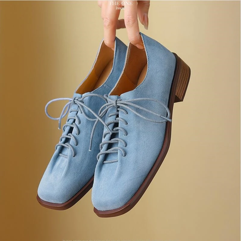 DIMANYU Women's Shoes Real Leather 2026 Spring New Lace-up Single Shoes Female Thick Heels Plus Size Women's Oxford Shoes