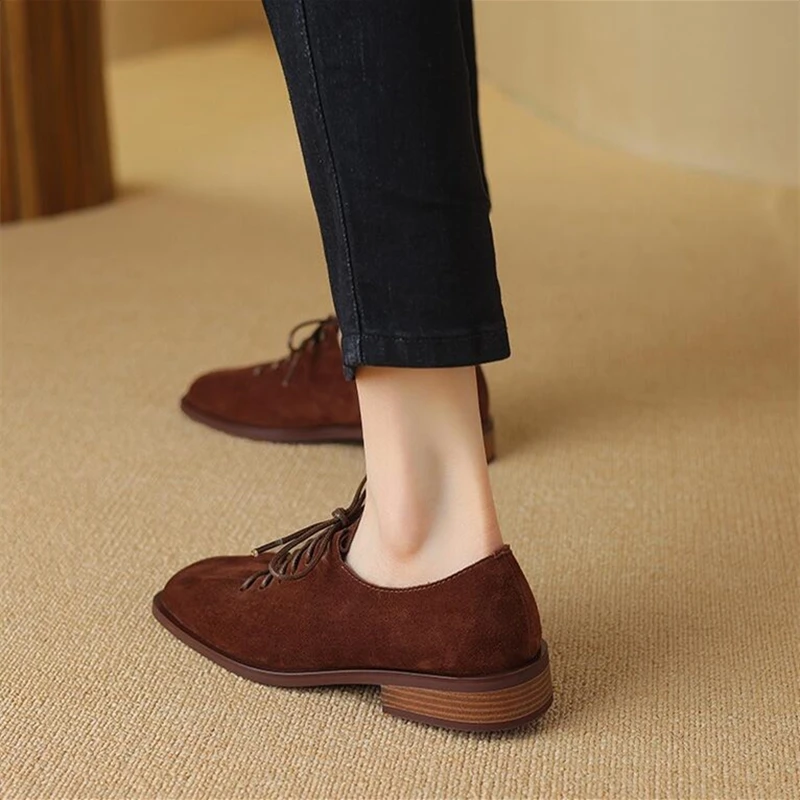 DIMANYU Women's Shoes Real Leather 2026 Spring New Lace-up Single Shoes Female Thick Heels Plus Size Women's Oxford Shoes