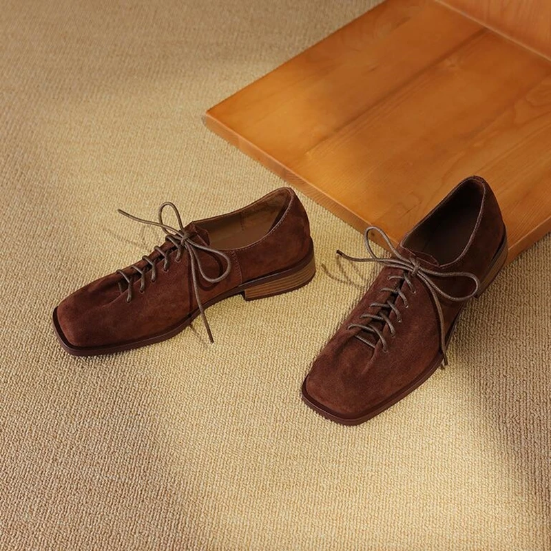 DIMANYU Women's Shoes Real Leather 2026 Spring New Lace-up Single Shoes Female Thick Heels Plus Size Women's Oxford Shoes