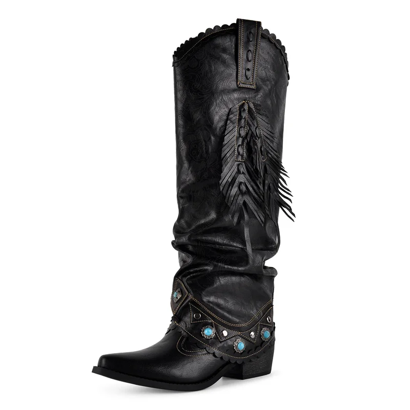 Onlymaker Black Ruched Fringe Western Cowboy Boots Block Heel Pull On Turquoise Studded Embellished Western Knee High Boots