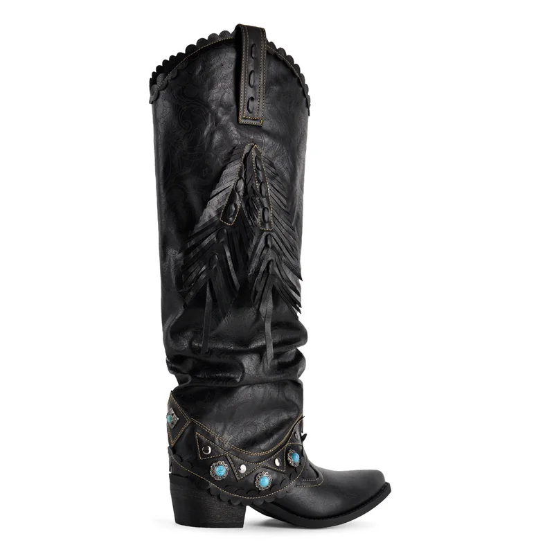 Onlymaker Black Ruched Fringe Western Cowboy Boots Block Heel Pull On Turquoise Studded Embellished Western Knee High Boots