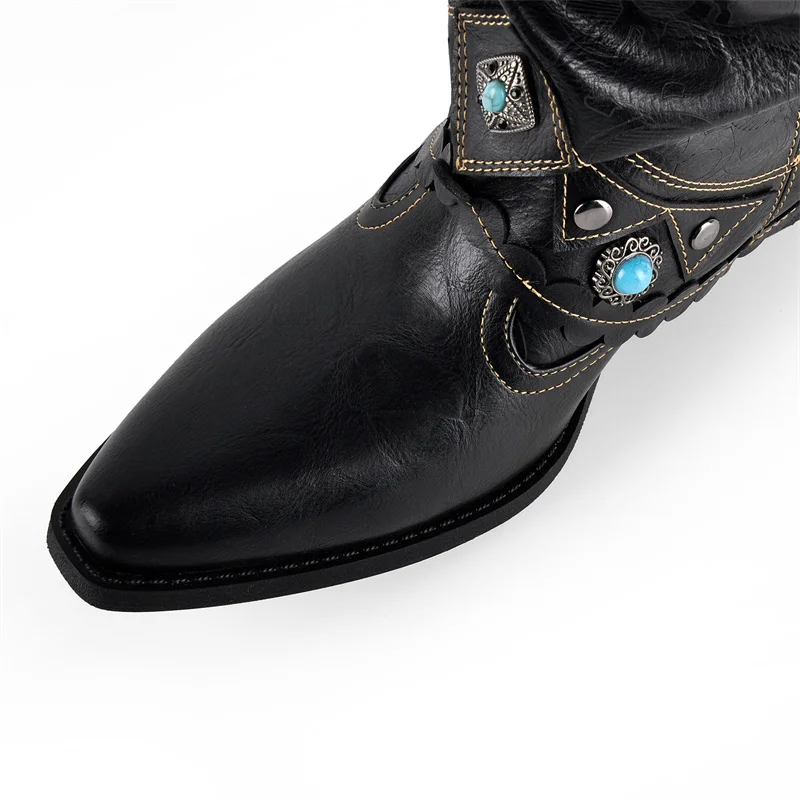 Onlymaker Black Ruched Fringe Western Cowboy Boots Block Heel Pull On Turquoise Studded Embellished Western Knee High Boots