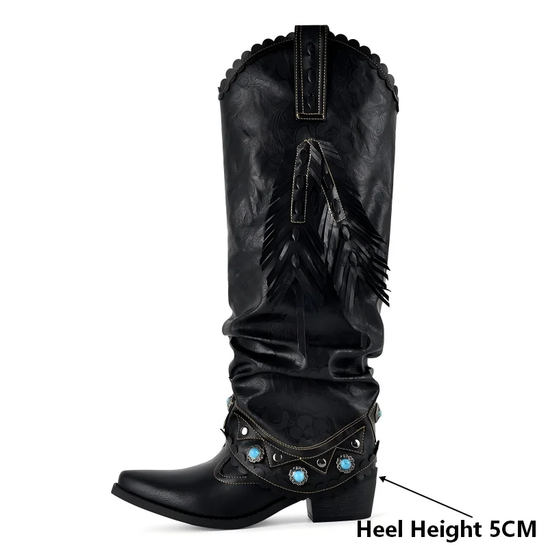 Onlymaker Black Ruched Fringe Western Cowboy Boots Block Heel Pull On Turquoise Studded Embellished Western Knee High Boots