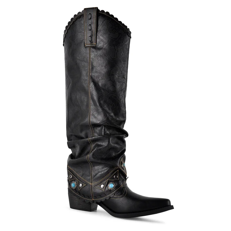 Onlymaker Black Ruched Fringe Western Cowboy Boots Block Heel Pull On Turquoise Studded Embellished Western Knee High Boots