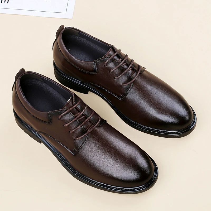 High End Brand Office Business Dress Shoes Men's Inner Height Shoes Thick Soled Simple Black Men's Genuine Leather Casual Shoes