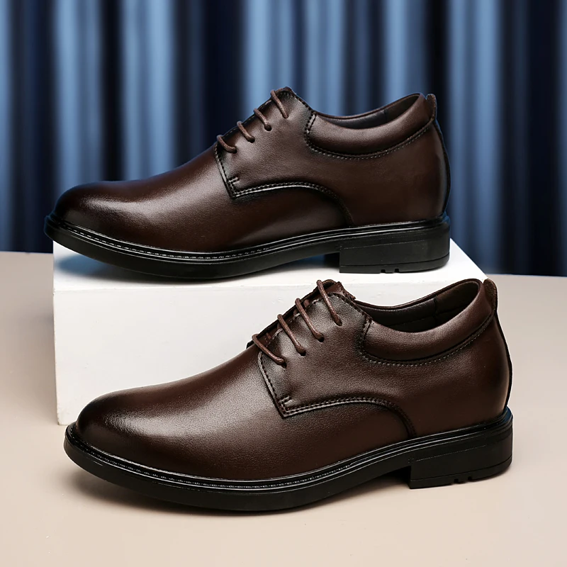 High End Brand Office Business Dress Shoes Men's Inner Height Shoes Thick Soled Simple Black Men's Genuine Leather Casual Shoes
