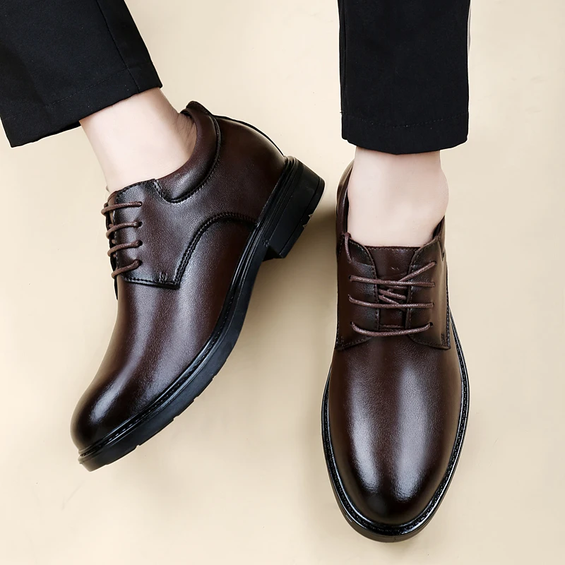 High End Brand Office Business Dress Shoes Men's Inner Height Shoes Thick Soled Simple Black Men's Genuine Leather Casual Shoes