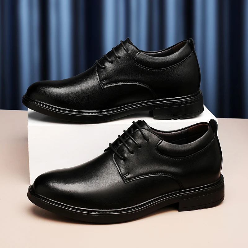 High End Brand Office Business Dress Shoes Men's Inner Height Shoes Thick Soled Simple Black Men's Genuine Leather Casual Shoes