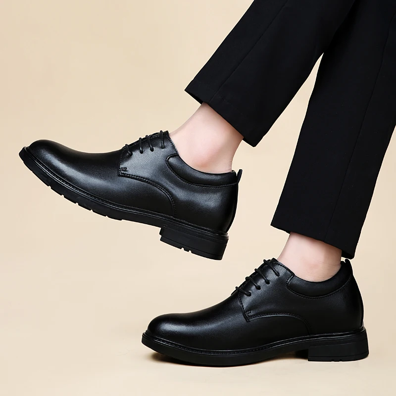 High End Brand Office Business Dress Shoes Men's Inner Height Shoes Thick Soled Simple Black Men's Genuine Leather Casual Shoes