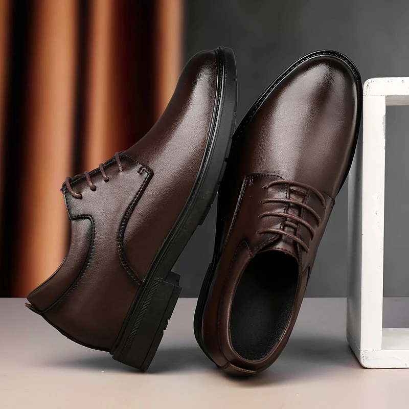 High End Brand Office Business Dress Shoes Men's Inner Height Shoes Thick Soled Simple Black Men's Genuine Leather Casual Shoes