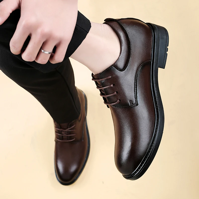 High End Brand Office Business Dress Shoes Men's Inner Height Shoes Thick Soled Simple Black Men's Genuine Leather Casual Shoes
