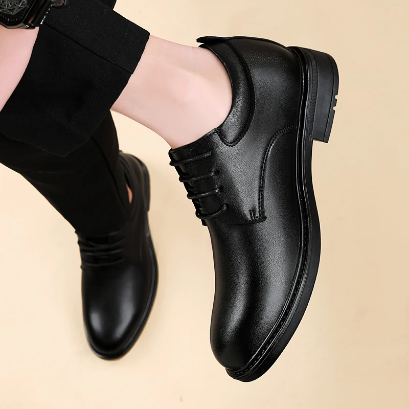 High End Brand Office Business Dress Shoes Men's Inner Height Shoes Thick Soled Simple Black Men's Genuine Leather Casual Shoes