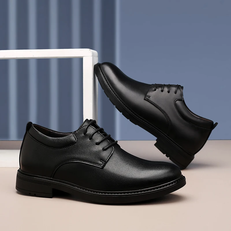 High End Brand Office Business Dress Shoes Men's Inner Height Shoes Thick Soled Simple Black Men's Genuine Leather Casual Shoes