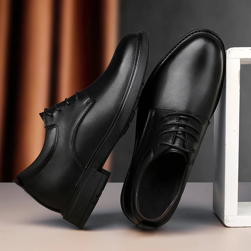 High End Brand Office Business Dress Shoes Men's Inner Height Shoes Thick Soled Simple Black Men's Genuine Leather Casual Shoes