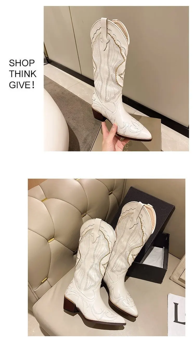 Autumn Embroidered Western Cowboy Boots new Square Heels Pointed shoes Casual fashion long boots Comfortable waterproof shoes