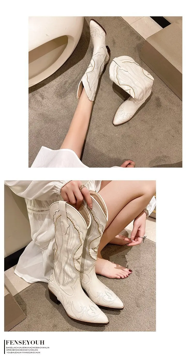 Autumn Embroidered Western Cowboy Boots new Square Heels Pointed shoes Casual fashion long boots Comfortable waterproof shoes
