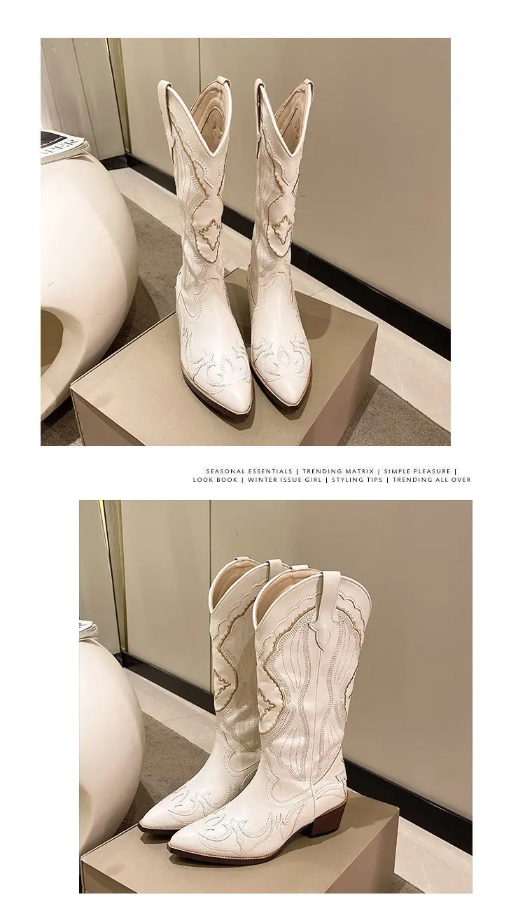 Autumn Embroidered Western Cowboy Boots new Square Heels Pointed shoes Casual fashion long boots Comfortable waterproof shoes