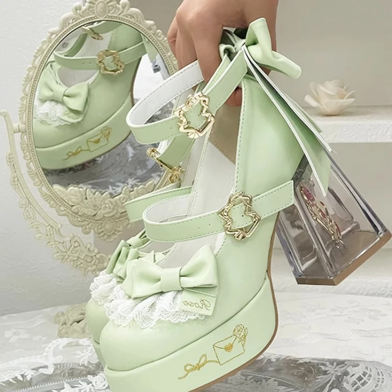 Original Design Lolita High Heeled Shoes Women Round Head Thick Sole Cute Shoes Female Versatile Elegant Mary Jane Pumps