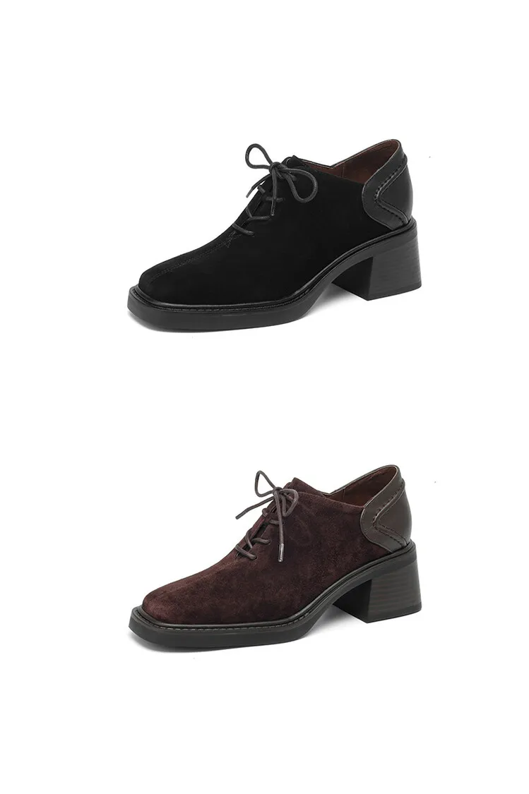 NEW Spring/Autumn Women Shoes Square Toe Chunky Heel Casual Shoes Sheep Suede Leather Shoes for Women Retro Lace up Women Pumps