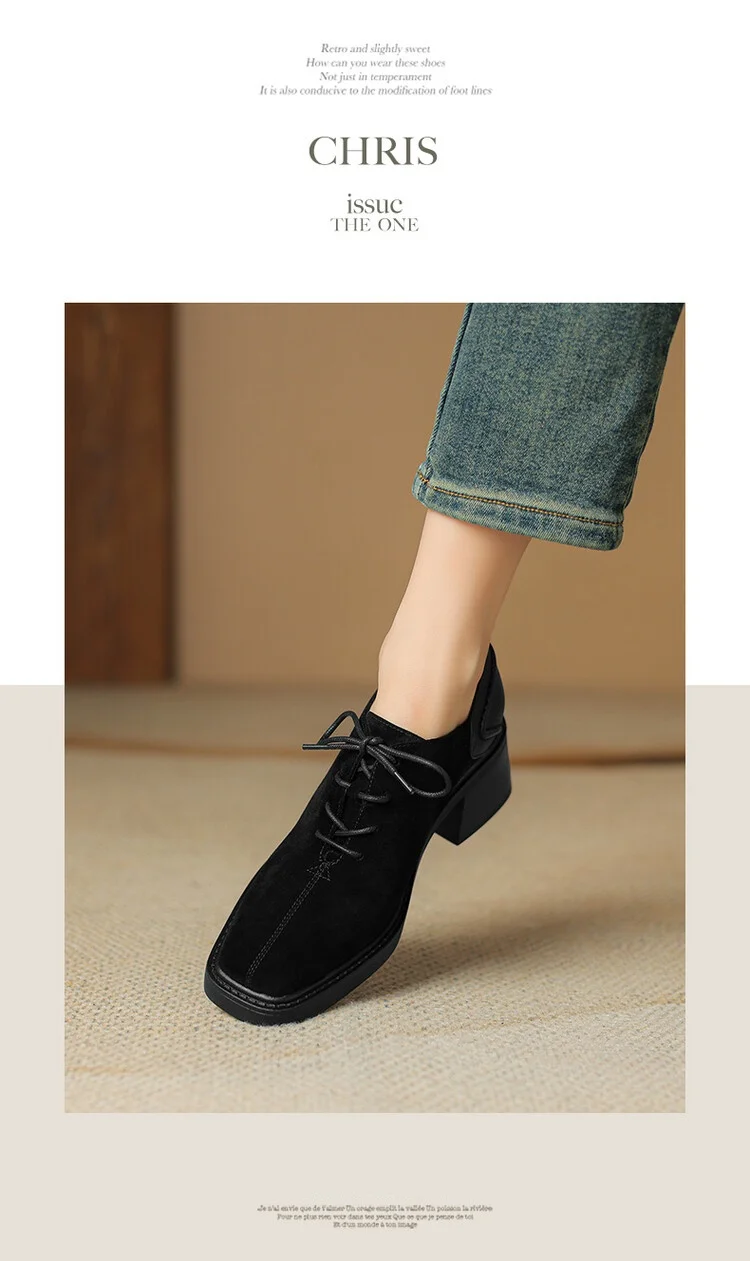 NEW Spring/Autumn Women Shoes Square Toe Chunky Heel Casual Shoes Sheep Suede Leather Shoes for Women Retro Lace up Women Pumps